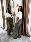 Women Ripped Pocket Cargo Denim Pants