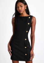 Women Round Neck Button Sleeveless Dress