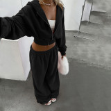 Women Spring Casual Hooded Crop Top and Wide-Leg Pants Two-Piece Set