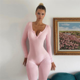 Women Sexy V-Neck Long Sleeve Bodycon Solid Jumpsuit