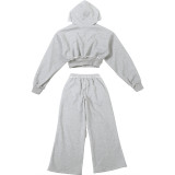 Women Spring Casual Hooded Crop Top and Wide-Leg Pants Two-Piece Set