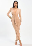 Women Spring Sexy V-Neck Pleated Bodycon Dress