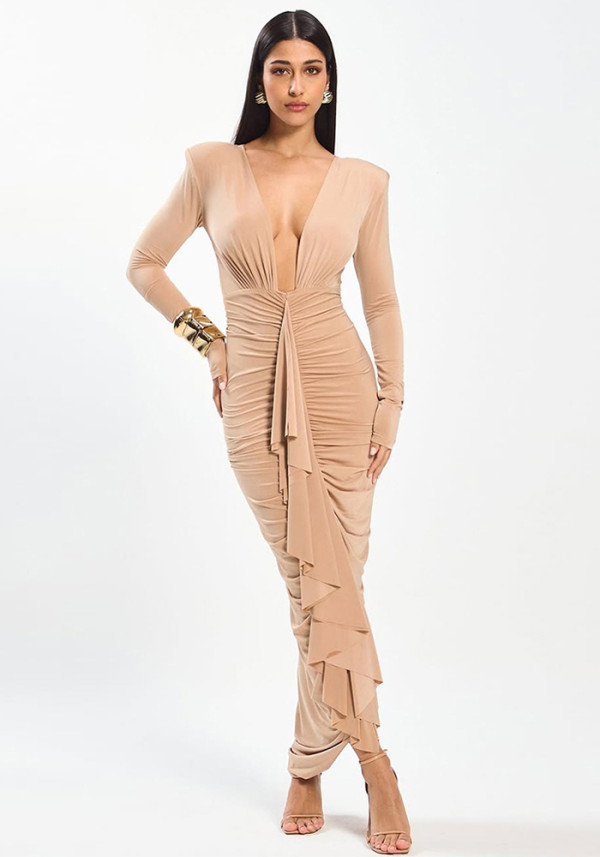 Women Spring Sexy V-Neck Pleated Bodycon Dress
