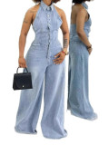 Women Turndown Collar Halter Neck Backless Denim Wide-Leg Jumpsuits