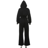Women Spring Casual Hooded Crop Top and Wide-Leg Pants Two-Piece Set