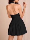 Women Pleated Sexy Backless Halter Neck Dress