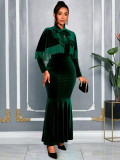 Women Velvet Tassel Bow Tie Shawl Mermaid Evening Dresses Two-Piece Set