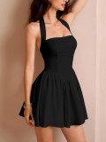 Women Pleated Sexy Backless Halter Neck Dress