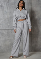 Women Spring Casual Hooded Crop Top and Wide-Leg Pants Two-Piece Set