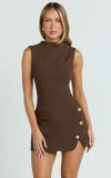 Women Solid Half-High Neck Sleeve Faux Pocket Slit Button Dress