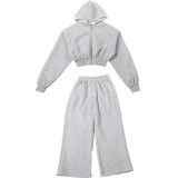 Women Spring Casual Hooded Crop Top and Wide-Leg Pants Two-Piece Set