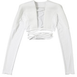 Women Spring Long Sleeve V-Neck Tie-Waist Solid Jacket