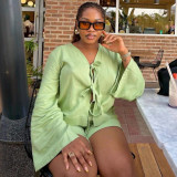 Plus Size African Women Casual Bow Shirt and Shorts Two-Piece Set