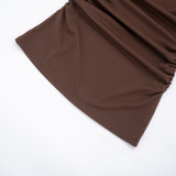 Women Spring Summer Solid Round Neck Gathered Bodycon Dress