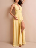 Women Halter Neck Lace-Up Chiffon Sexy V Neck Backless Slit Maxi Dress