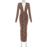 Women Spring Sexy V-Neck Pleated Bodycon Dress