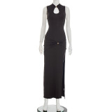Women Spring Metal Buckle Half-High Neck Sleeveless Slit Gathered Bodycon Dress