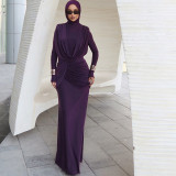 Women High Neck Solid Irregular Elegant Dress