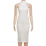 Women Summer Pleated Sexy Halter Neck Backless Bodycon Dress