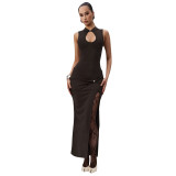 Women Spring Metal Buckle Half-High Neck Sleeveless Slit Gathered Bodycon Dress