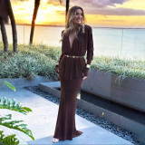 Women Summer Sexy V-Neck Pleated Top Bodycon Maxi Dress