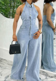 Women Turndown Collar Halter Neck Backless Denim Wide-Leg Jumpsuits