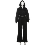 Women Spring Casual Hooded Crop Top and Wide-Leg Pants Two-Piece Set