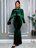 Women Velvet Tassel Bow Tie Shawl Mermaid Evening Dresses Two-Piece Set