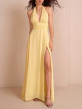 Women Halter Neck Lace-Up Chiffon Sexy V Neck Backless Slit Maxi Dress