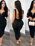 Women Elegant Solid Backless V Neck Bow Stretchy Slit Dress