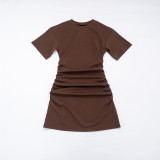 Women Spring Summer Solid Round Neck Gathered Bodycon Dress