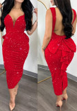 Women Elegant Solid Backless V Neck Bow Stretchy Slit Dress