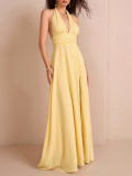 Women Halter Neck Lace-Up Chiffon Sexy V Neck Backless Slit Maxi Dress