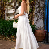 Women's Deep V Halter-Neck Lace-Up Low-Back Elegant Beach Holiday Maxi Dress