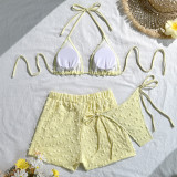 Women's Sexy Solid Color Halter-Neck Tie Three-Piece Bikini Swimsuit