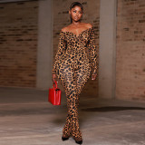 Women's Sexy Leopard Print Off Shoulder Slim-Waist Tight Slim Jumpsuit