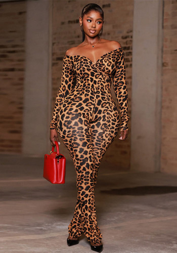 Women's Sexy Leopard Print Off Shoulder Slim-Waist Tight Slim Jumpsuit