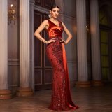 Women Sleeveless V-Neck Formal Party Sequined Fishtail Bodycon Evening Dress