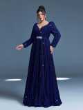 Plus Women Navy Blue V-Neck Long Sleeve Elegant Evening Dress