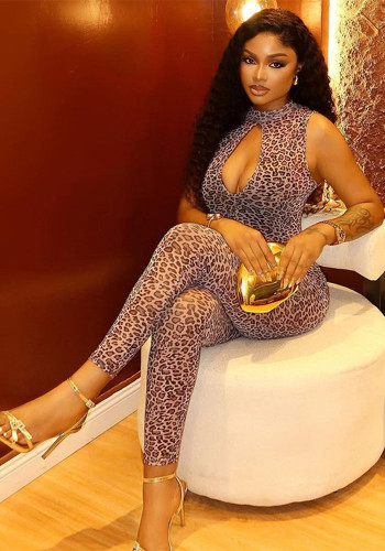Women's Leopard Print Cutout Tight Slim Jumpsuit