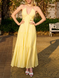 Women's Deep V Halter-Neck Lace-Up Low-Back Elegant Beach Holiday Maxi Dress