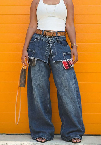 Women's Faux Two-Piece Plaid Patchwork Denim Pants