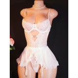 Women's Lace Heart Print Rhinestone Mesh Bodysuit and Skirt Lingerie Set