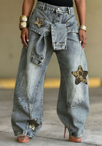 Women's Lace-Up Panel Star Leopard Patch Patchwork Denim Pants Women's Lace-Up Panel Star Leopard Patch Patchwork Denim Pants