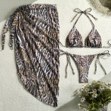 Women's Leopard Print Mesh Beach Cover-Up Bikini Two-Piece Swimsuit Three-Piece Set