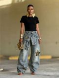Women's Lace-Up Panel Star Leopard Patch Patchwork Denim Pants