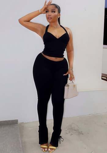 Winter Women's Solid Color Sleeveless Tie Low-Back Sexy Tight-Fitting Casual Pants Set