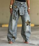 Women's Lace-Up Panel Star Leopard Patch Patchwork Denim Pants