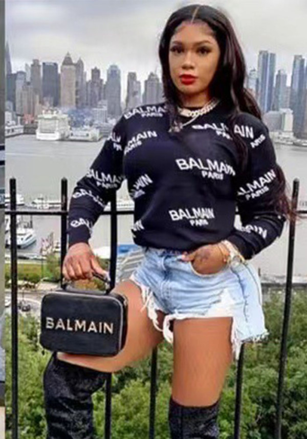 Women's Fashion Letter Print Round Neck Long Sleeve Top