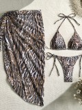 Women's Leopard Print Mesh Beach Cover-Up Bikini Two-Piece Swimsuit Three-Piece Set